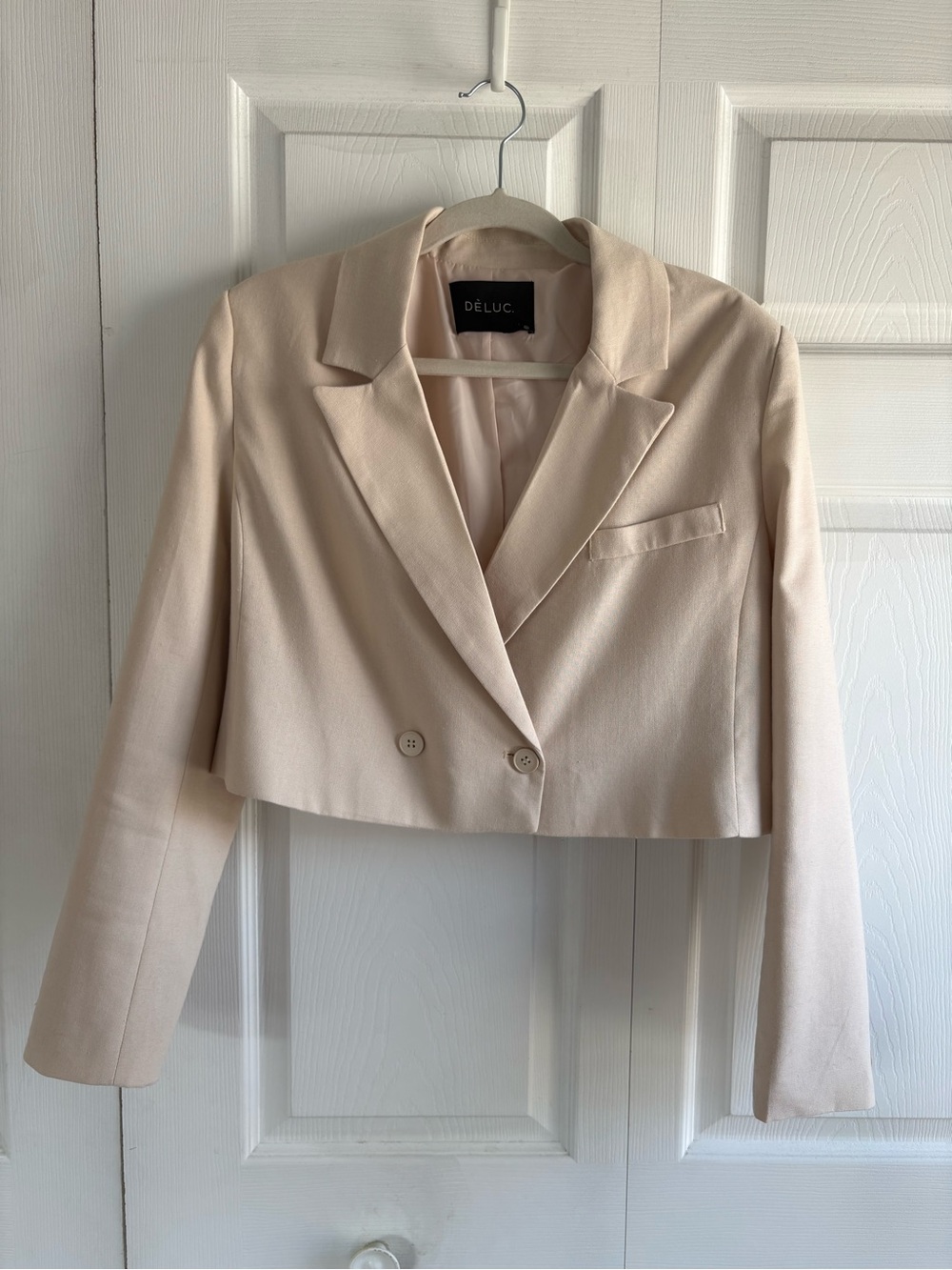 Dèluc Cropped Cream Linen Blend Tailored Blazer Double Breast Academia Career M